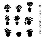 Vector illustration. Large set of flower plants in pots. Silhouette big set.	