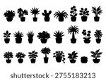 Vector illustration. Large set of flower plants in pots. Silhouette big set.	