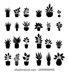 Ilustración vectorial. Grande conjunto de plantas de flores en macetas. Conjunto grande de silueta.	
