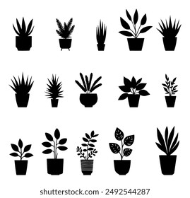 Ilustración vectorial. Grande conjunto de plantas de flores en macetas. Conjunto grande de silueta.	
