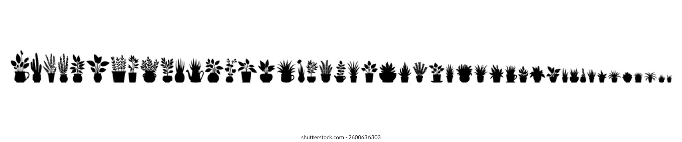 Vector illustration. Large set of flower plants in pots. Silhouette big set.	
