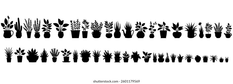Vector illustration. Large set of flower plants in pots. Silhouette big set.	
