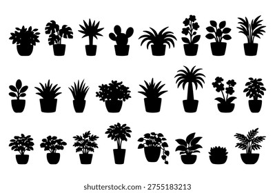 Vector illustration. Large set of flower plants in pots. Silhouette big set.	