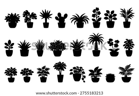 Vector illustration. Large set of flower plants in pots. Silhouette big set.	