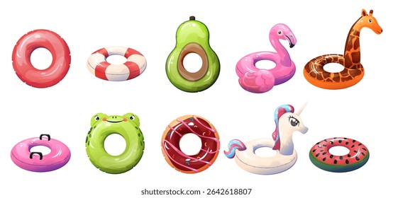 A vector illustration of a large set of lifesaving rings in standard and creative shapes and colors, perfect for swimming in a pool or at the seaside. 