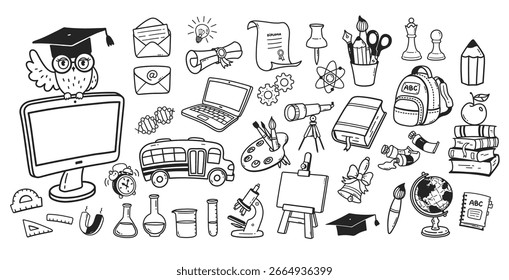 Ilustración vectorial de un Grande conjunto de objetos aislados de educación dibujados a mano.