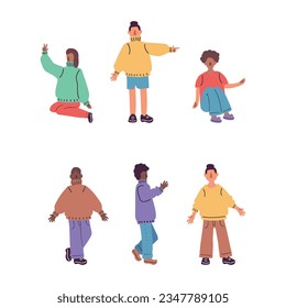 Ilustración vectorial. Un gran grupo de personas multicolores en diferentes poses. Minimalismo sin rostro.