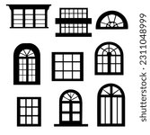 Vector illustration. Large set of Silhouettes. Window frames and windows.