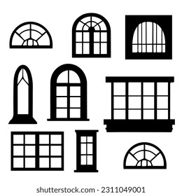 Vector illustration. Large set of Silhouettes. Window frames and windows.