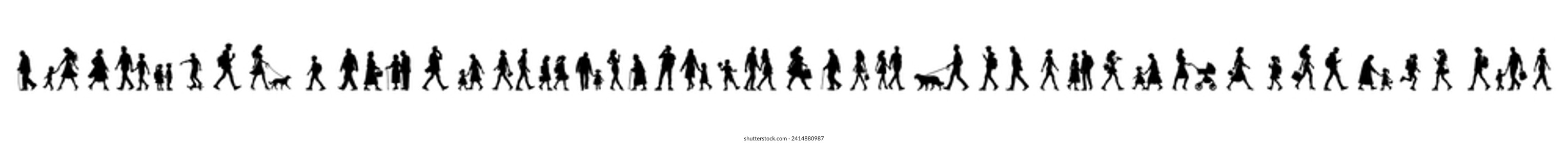 Vector illustration. a large set of silhouettes of different people walking down the street. In move.