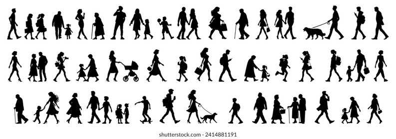 Vector illustration. a large set of silhouettes of different people walking down the street. In move.