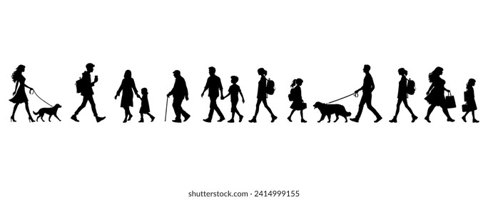 Vector illustration. a large set of silhouettes of different people walking down the street. In move.