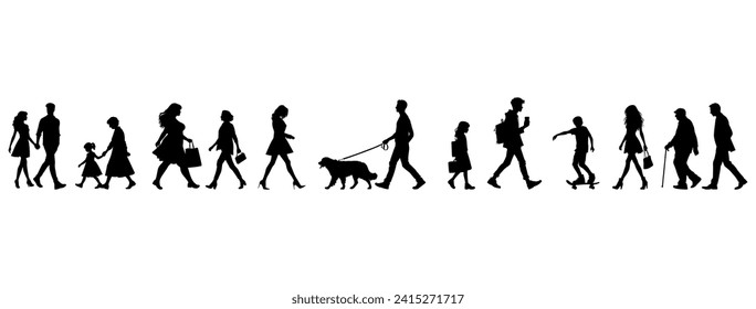 Vector illustration. a large set of silhouettes of different people walking down the street. In move.