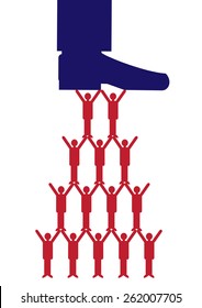 A vector illustration of a large shoe, supporting or putting pressure on a team of workers.                                 A metaphor on teamwork and managerial support.