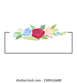 Vector illustration of large and small green leaves and roses. The flowers are red, blue and cream. Arranged neatly past a rectangle.