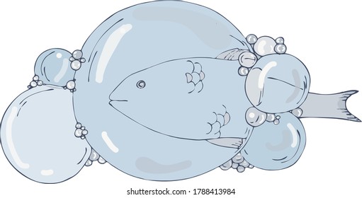vector illustration large and smallbubbles from the water through which fish can be seen,doodle