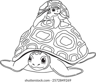 Vector illustration of large, smiling turtle carrying a smaller turtle on its shell. Patterned shells with geometric designs, giving a playful and friendly appearance. The style is clean and outlined.