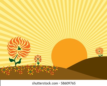Vector Illustration of a large sun rising behind the hills of an autumn meadow.