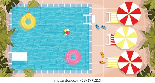 Vector illustration of a large swimming pool with clear blue water with inflatable duck, circle, colored ball, sunbeds with sun umbrellas, flip flops, with tropical green leaves. Resting by the pool.