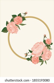 Vector illustration of large tender pink roses and peonies in a round frame. Suitable for wedding decor and invitations