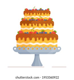Vector illustration of a large three-story birthday cake. For your website, greeting card, holiday banner. Cake to order.