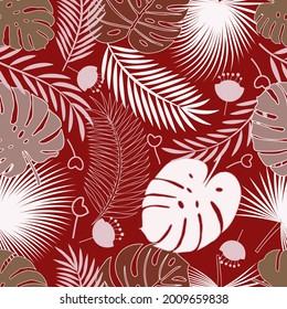 Vector illustration with large tropical leaves. Colorful summer seamless pattern.