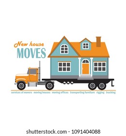 vector illustration of a large truck carrying a country house, service for moving a house, fast delivery