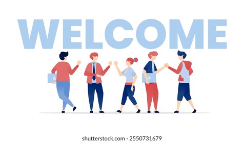 vector illustration of Large Welcome Text with Friendly Young Men and Women Below, Greeting and Welcoming Users, Perfect for Homepage and Website Opening for Online Platforms