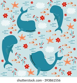 Vector illustration of large whales. Starfish, fish, flowers, waves, clouds. As background for an invitation or greeting card. Beach party. Summer.