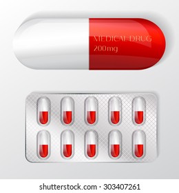 Vector illustration of large white and red capsule with dosage and pills in blister.
