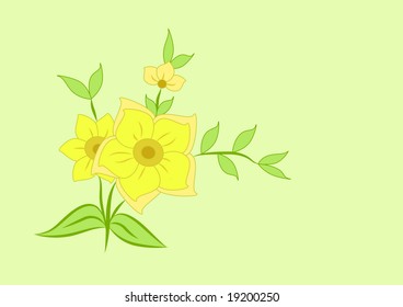 Vector Illustration of a large yellow flower with a green leafy branch over a green background