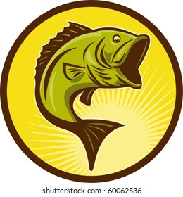 vector illustration of a Largemouth Bass fish jumping done in retro woodcut style