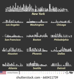 vector illustration of largest United States city skylines in black and white color palette. Navigation, location and travel icons; flag and map of United States of America