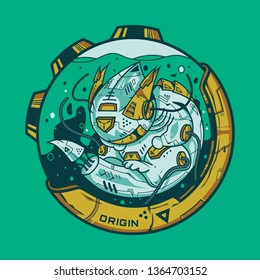 Vector illustration. Larvalbot Origin in green background. For t-shirt design, poster, sticker.