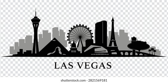 Vector illustration of Las Vegas city skyline, featuring iconic landmarks like the Stratosphere, High Roller, Luxor pyramid, and Eiffel Tower replica.