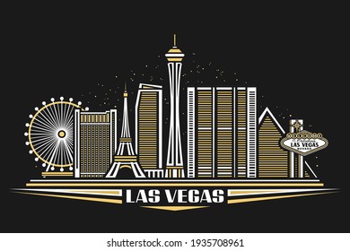 Vector illustration of Las Vegas, horizontal poster with simple design buildings and outline landmarks, urban concept with modern city scape and decorative font for words las vegas on dark background.
