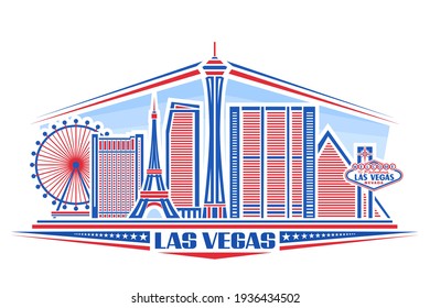 Vektorgrafik von Las Vegas, horizontales Poster mit einfachen Design-Gebäuden und umrissenen Wahrzeichen, urbanes Konzept mit modernem Stadtbild, einzigartige Schriftart für Wörter wie Vegas, dekorative Sterne in einer Reihe