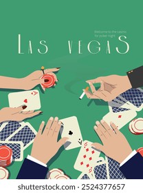 Vektorgrafik. Las Vegas, Pokertisch, Spiel, Karten. Poster, Banner, Postkarte, Umschlag. Modernes Design.