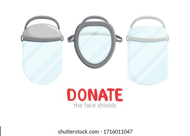 Vector illustration of laser full-face shields isolated. Industrial design of medical surgical plastic workwear. Flat charity donation concept and social health care. Hospital and infection protection