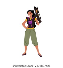 Vektorillustration des Laseretiketts. Lächelnde junge Frau mit einer Laserpistole, in einem flachen Stil dargestellt, nimmt an einem Überlebensspiel teil. Design auf isoliertem Hintergrund.