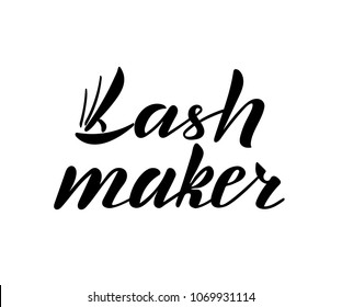 vector illustration of Lash Maker text for logo.Phrase for posters,banner template,gift cards.Lash Maker typography poster.Lash Maker lettering. Phrase on the glass the beauty salon.for beauty blogs