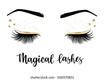 Vector illustration of lashes with 'Magical' lashes inspiration for or beauty salon, lash extensions maker, brow master.