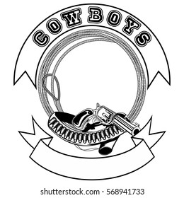 Vector illustration lasso frame and revolver with ammunition. Lettering cowboy.