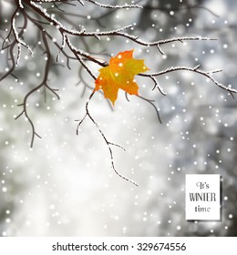 Vector illustration with the last leaf on the tree and snowfall. Winter abstract background. 