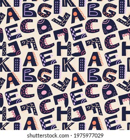 Vector illustration. Latin alphafit seamless pattern. dark blue letters on a beige background. For printing on fabric and paper, for wall decoration. For kids.