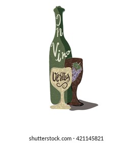 Vector illustration of the Latin saying In Vino Veritas meaning the truth is in wine. An image of a wine bottle and wine glasses with red and white wine. Latin language proverb hand lettering