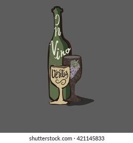 Vector illustration of the Latin saying In Vino Veritas meaning the truth is in wine. An image of a wine bottle and wine glasses with red and white wine. Latin language proverb hand lettering