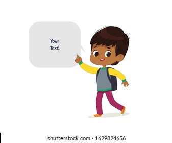 Vector illustration of the Latino Boy with the backpack goes to school. Preschool boy walks to the school. Dark Skin boy and speech bubble with place for text isolated on white background.