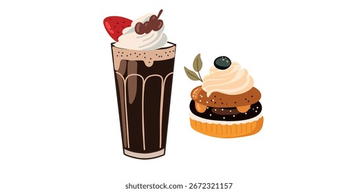 Ilustración vectorial latte con crema y postre