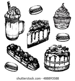 Vector illustration of latte with whipped cream and cookie made in hand drawn sketch style. Cupcake, cheesecake, eclair, macaroon. Template for business card banner and  poster.